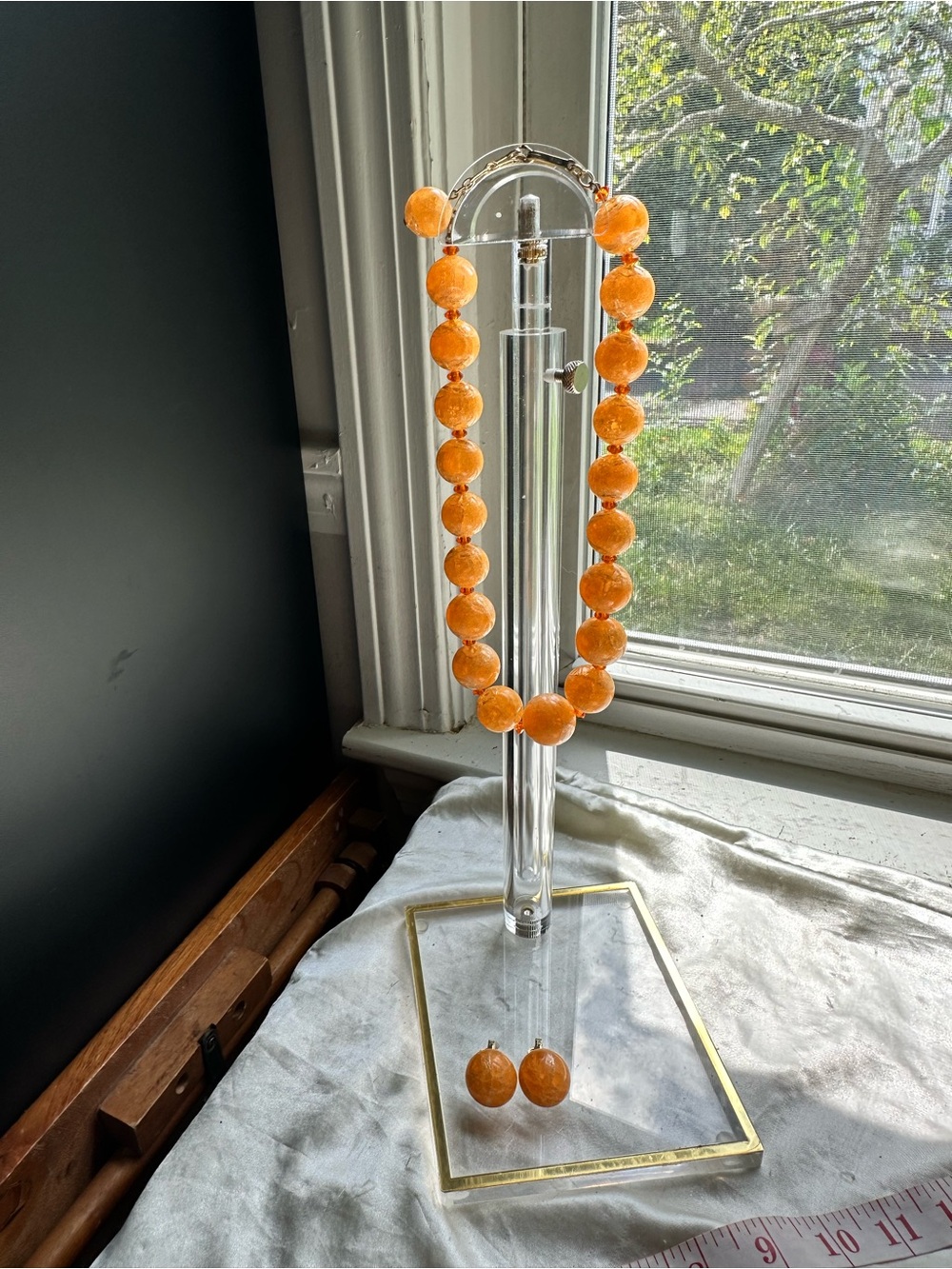 Vintage Crown Trifari Orange Crackle Lucite Beaded Necklace and Earring Set